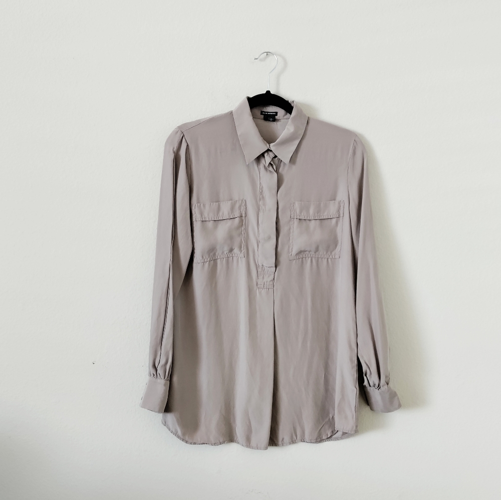 Club Monaco Collared Silk Satin Taupe Button Down Top